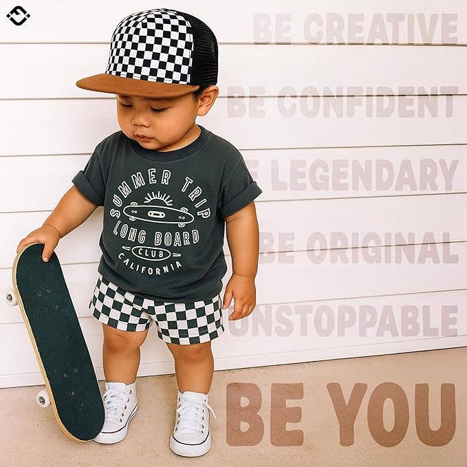 Flat Brim Trucker Hat - Checker/Faux Leather Brim: Medium/Large (2-9 Years)