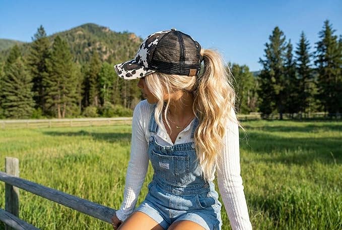 2 Tone Criss Cross Distressed Ponycap - Cow Print - Black