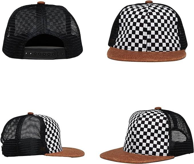 Flat Brim Trucker Hat - Checker/Faux Leather Brim: Medium/Large (2-9 Years)
