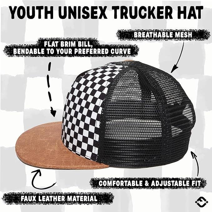 Flat Brim Trucker Hat - Checker/Faux Leather Brim: Medium/Large (2-9 Years)