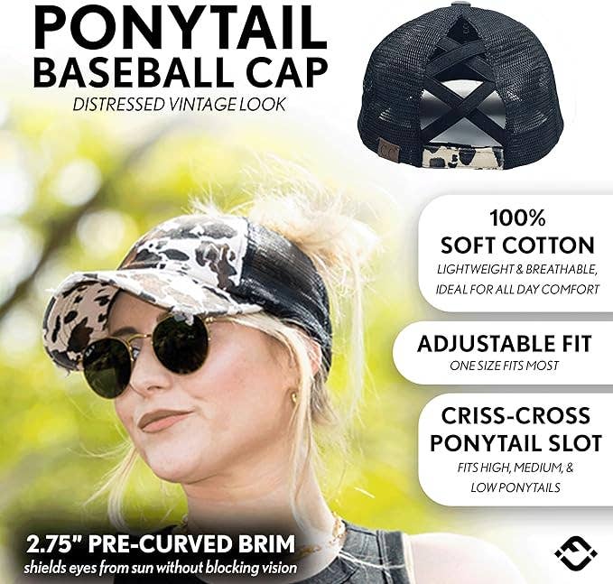 2 Tone Criss Cross Distressed Ponycap - Cow Print - Black