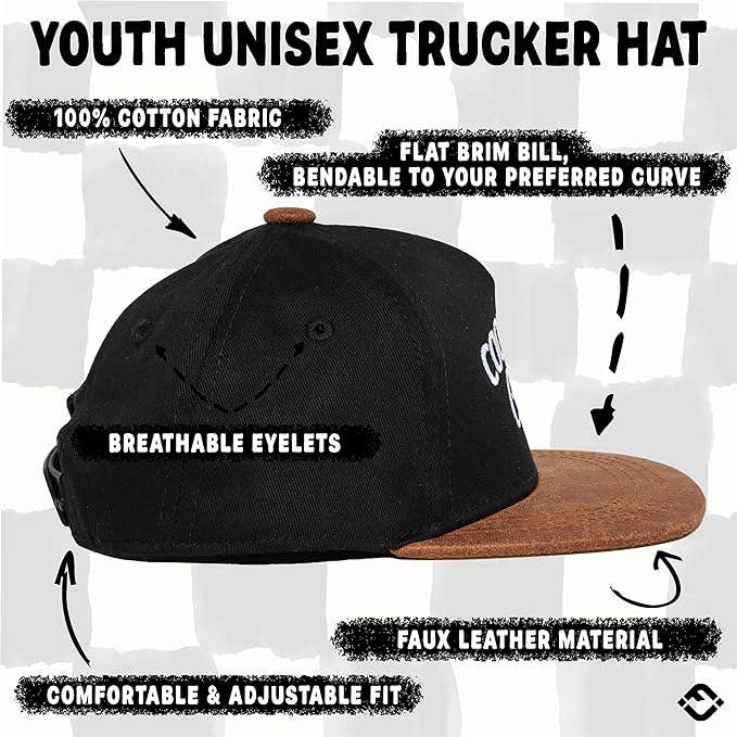 Flat Brim Trucker Hat - Cool Kids Club - Black/Faux Leather: Small (12-24 Months)
