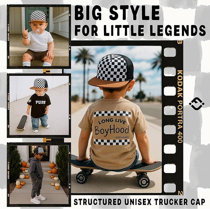 Flat Brim Trucker Hat - Checker/Faux Leather Brim: Medium/Large (2-9 Years)