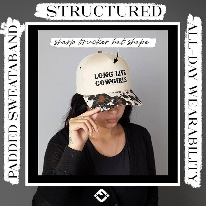 Two Tone Cap - Long Live Cowgirls - Cow Print/Beige