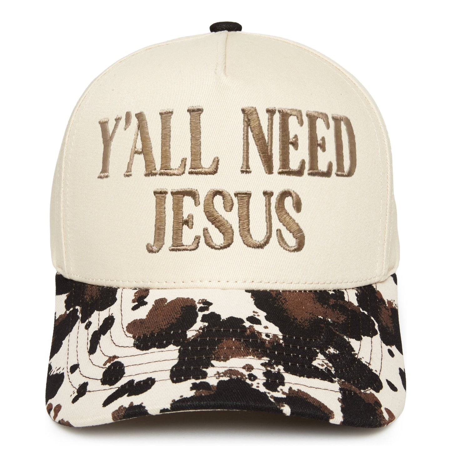 Two Tone Cap -  Y'all Need Jesus - Cow Print/Beige