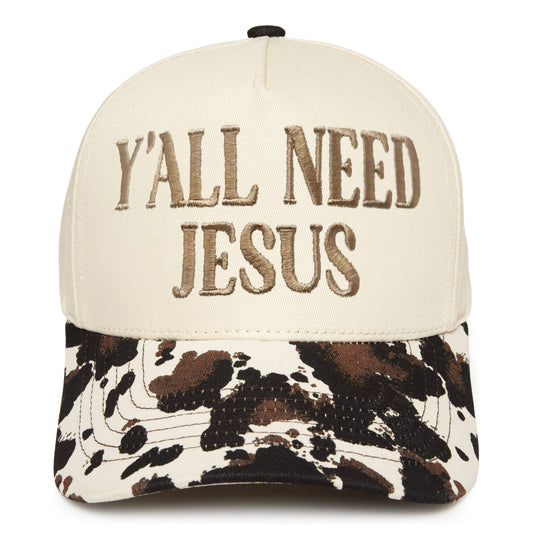 Two Tone Cap -  Y'all Need Jesus - Cow Print/Beige