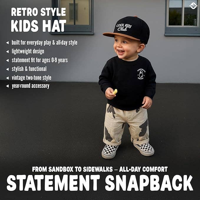 Flat Brim Trucker Hat - Cool Kids Club - Black/Faux Leather: Small (12-24 Months)