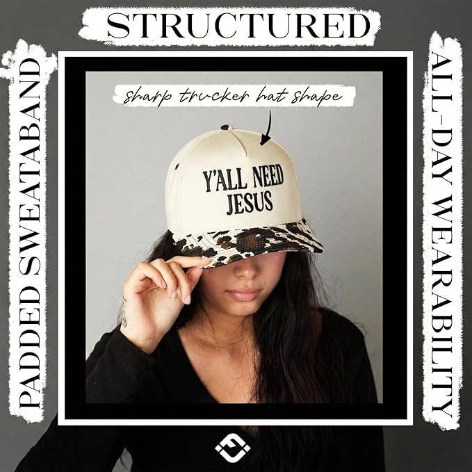 Two Tone Cap -  Y'all Need Jesus - Cow Print/Beige