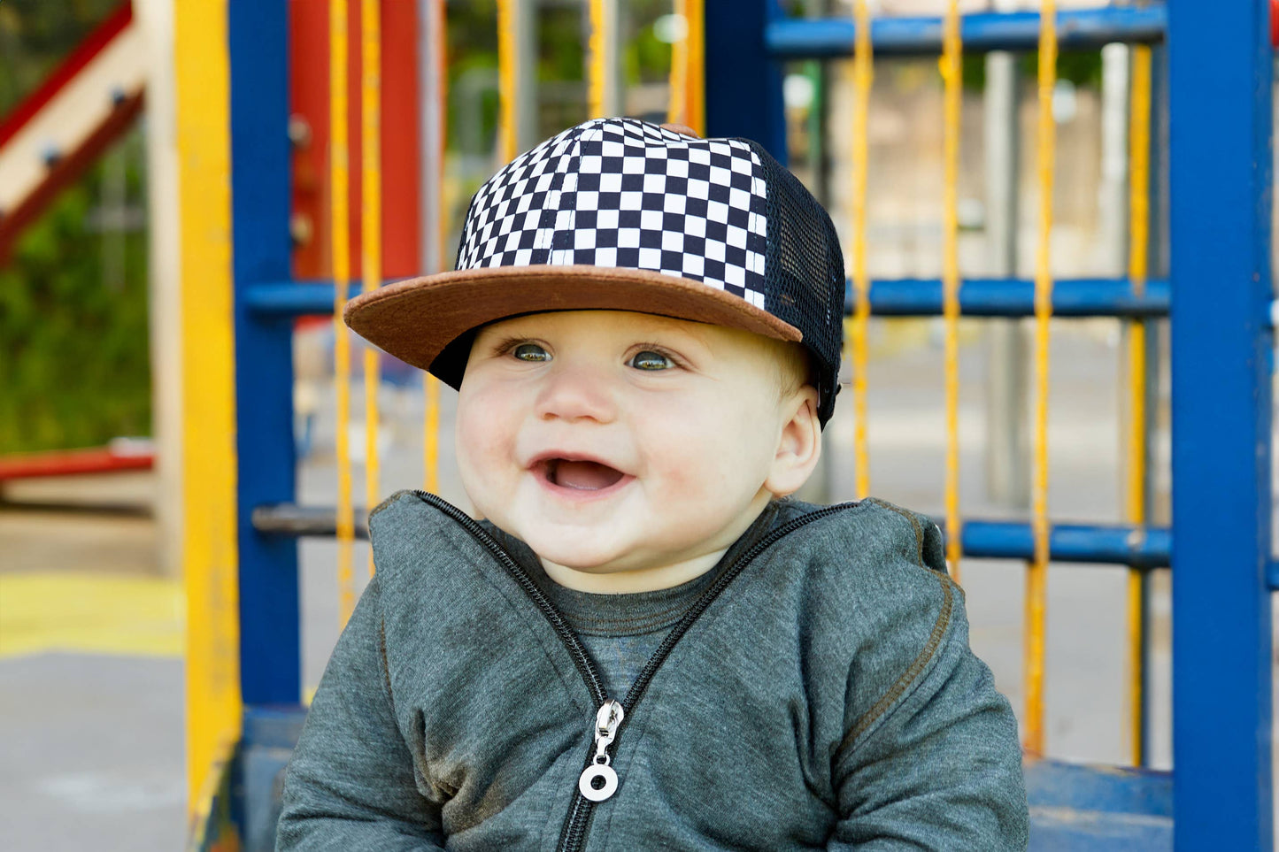 Flat Brim Trucker Hat - Checker/Faux Leather Brim: Kids (2-9 Years)