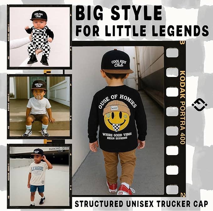 Flat Brim Trucker Hat - Cool Kids Club - Black/Faux Leather: Small (12-24 Months)